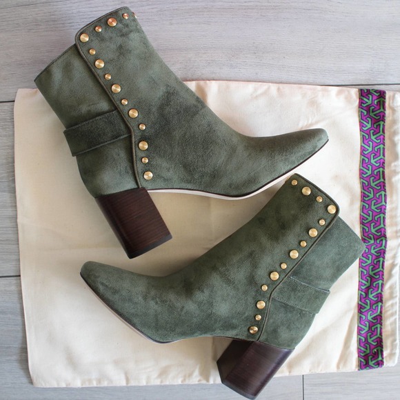 Tory Burch Kira Olive Green Suede Gold Stud Logo Ankle Bootie - Picture 5 of 17